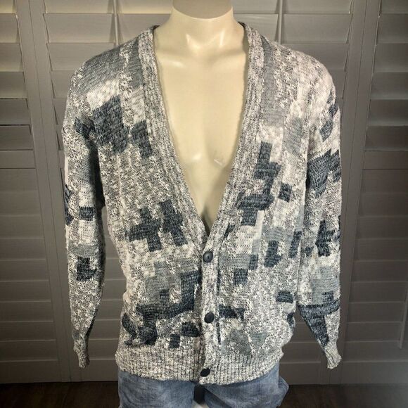 Vtg 90s Men's Michael Gerald Cardigan Acrylic Sweater M Gray White Blue Grandpa - Picture 11 of 12